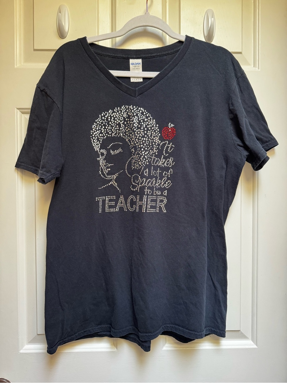 It Takes a Lot of Sparkle To Be A Teacher Apple Rhinestone Tee Black women Lg
